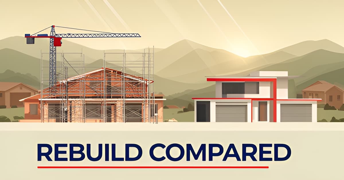 Flat illustration comparing two modern Altadena custom home rebuilds side by side with blue and red accents.